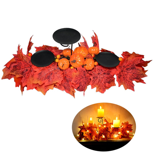 Fall Candle Holder Fall Table Centerpiece with Lights Thanksgiving Table Decor with Pumpkins Berries Maple Leaves Autumn Harvest Decoration with 3 Candle Holders for Dining Table Fireplace Home Decor