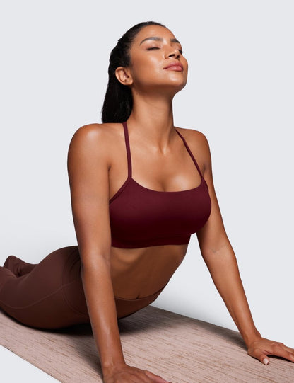CRZ YOGA Butterluxe Y Back Sports Bras for Women - Padded Racerback Low Impact Spaghetti Thin Strap Workout Yoga Top Red Merlot Large