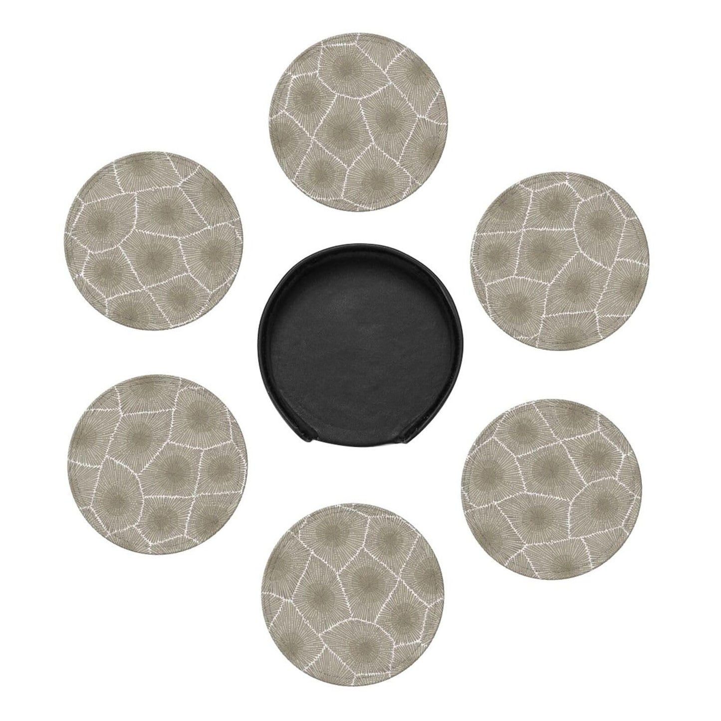 Keeawou Petoskey Stone Leather Drinks Coasters with Holder, Set of 6, Suitable for Various Cups