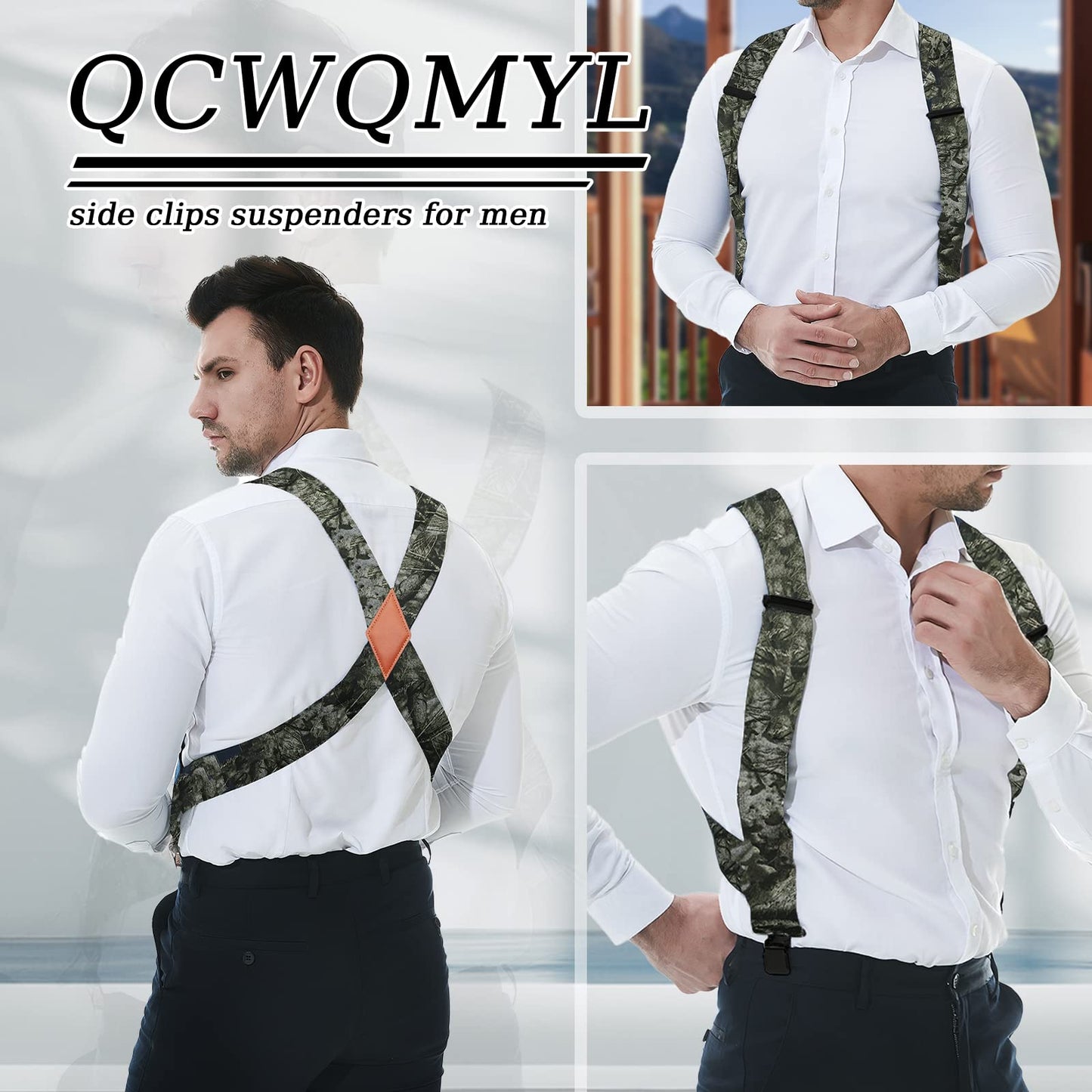 QCWQMYL Men's Side Clip Suspenders 2'' Wide Heavy Duty Clips Elastic Straps Trucker Style Suspenders for Men Big and Tall