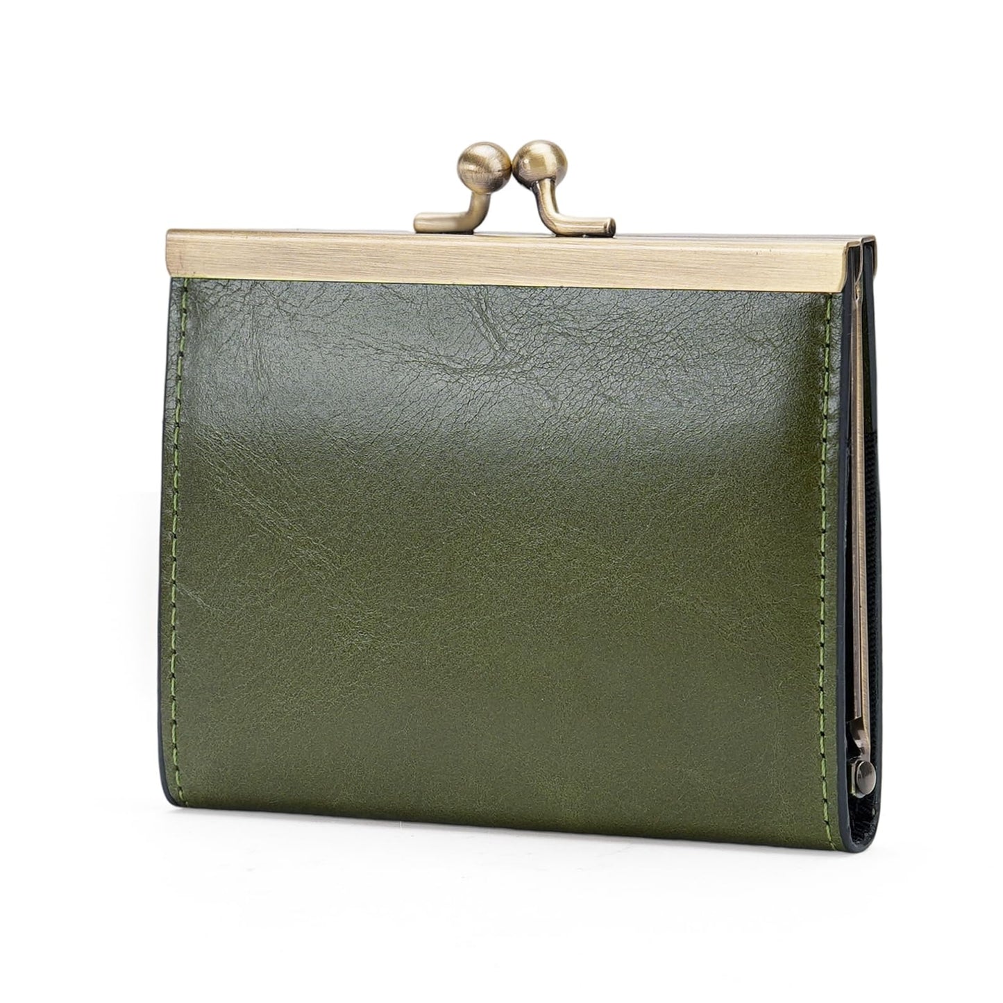 GOIACII Credit Card Holder Vintage Wallet for Women Genuine Leather Ladies Card Cases with Kiss Lock Small Green