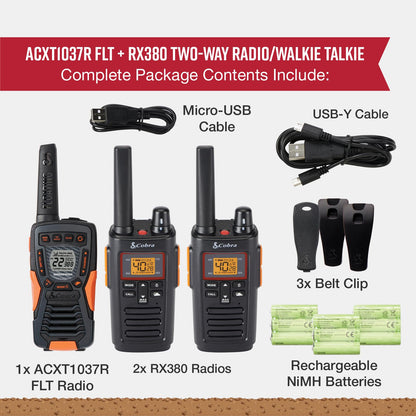 Cobra RX680 Walkie Talkies (2-Pack) - Rugged & Splashproof Two Way Radios Long Range, IP54 Water Resistant Design, 60 Pre-Programmed Channels, Weather Alerts, Included Charging Dock (Black/Orange)
