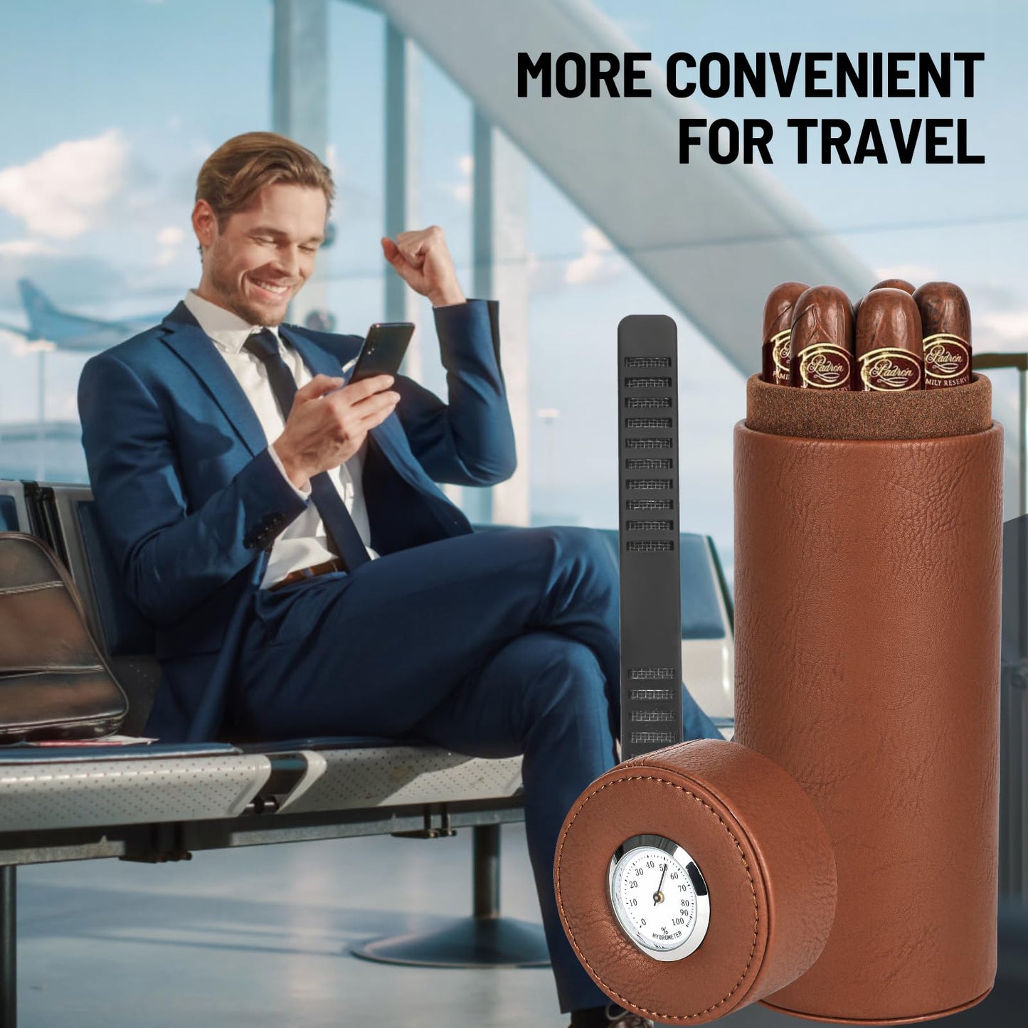 Premium Brown Cylindrical Cigar Humidor with Hygrometer and Cedar Wood Lining, Sealed Portable Leather Cigar Humidifier for Travel Cigar Case and Home Use Father's Day, boyfriends，Christmas