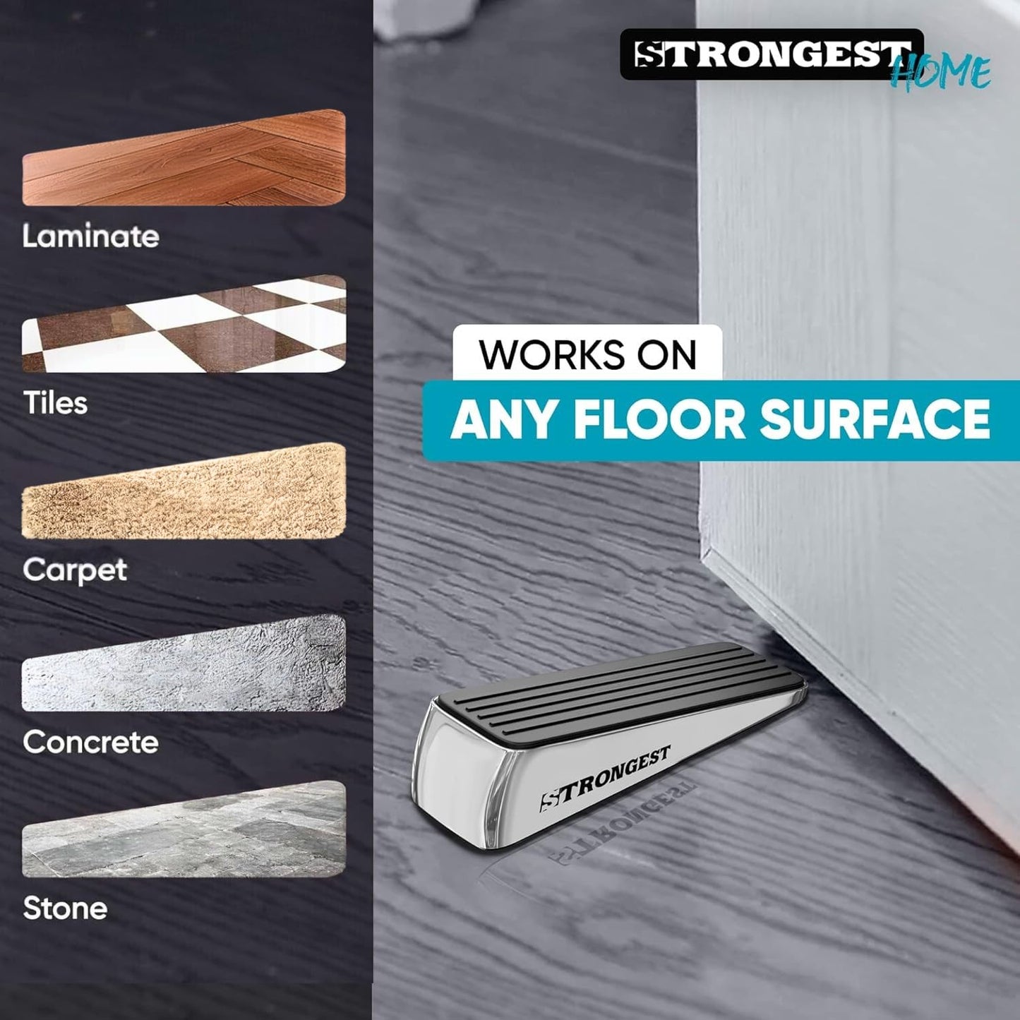Strongest Home Heavy Duty Door Stopper Wedge (2 Chrome PCs) | Non-Slip Rubber and Metal Door Stop for Heavy Doors| Work on Wood, Tile, Carpet + 2 White Wall Protectors