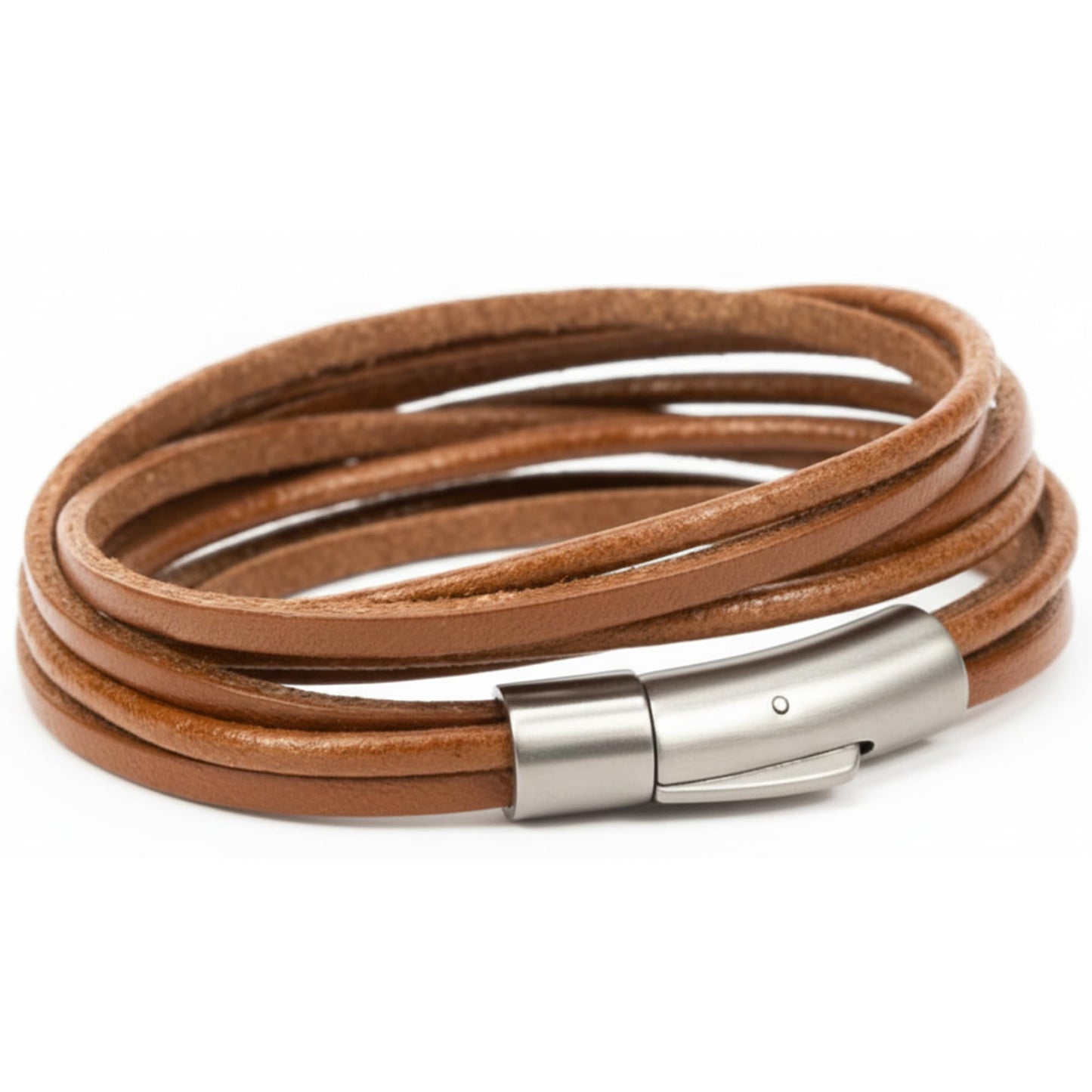 Leporem Unisex Genuine Cowhide Leather Wrap Bracelet Choker Minimalist Push-Lock Clasp Premium Surgical Steel Wristband 17.7 Inch Brown Gift Box (Brown, 17.7 Inches)