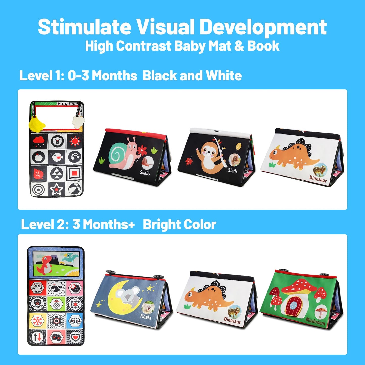 Baby Mirror Toys for Tummy Time, Newborn Infant 0 3 4 6 12 Months Old Boy, Girl Gift. Brain Developmental Montessori Sensory High Contrast Crinkle Book w Safe Mirror for Floor, Crib, Car, Bouncer
