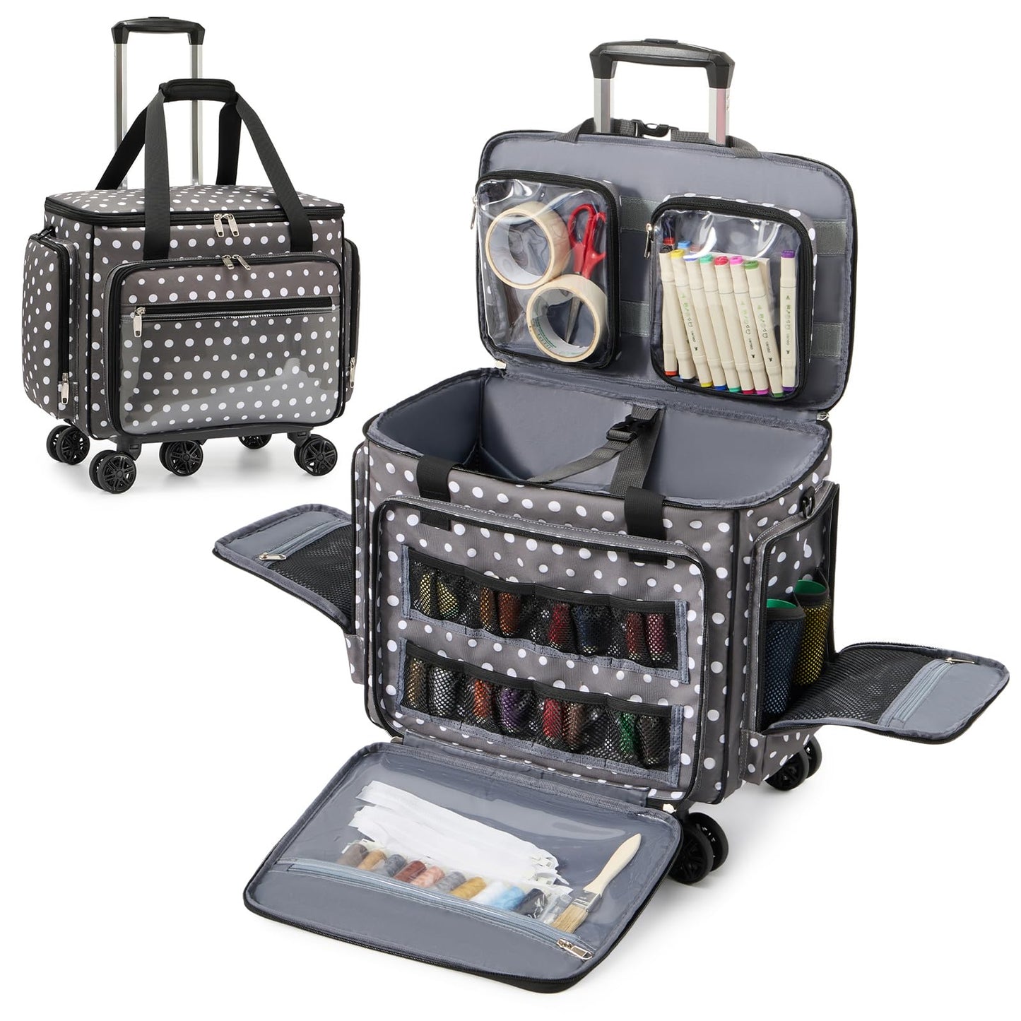 Amythe Rolling Sewing Machine Case with Wheels, Sewing Machine Carrying Bag with Multiple Pockets, Fits Most Standard Machines Compatible with Singer, Brother & Janome, Olive Grey