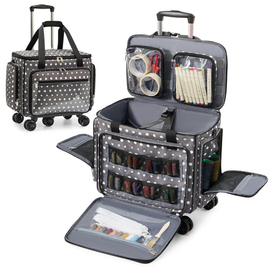 Amythe Rolling Sewing Machine Case with Wheels, Sewing Machine Carrying Bag with Multiple Pockets, Fits Most Standard Machines Compatible with Singer, Brother & Janome, Olive Grey