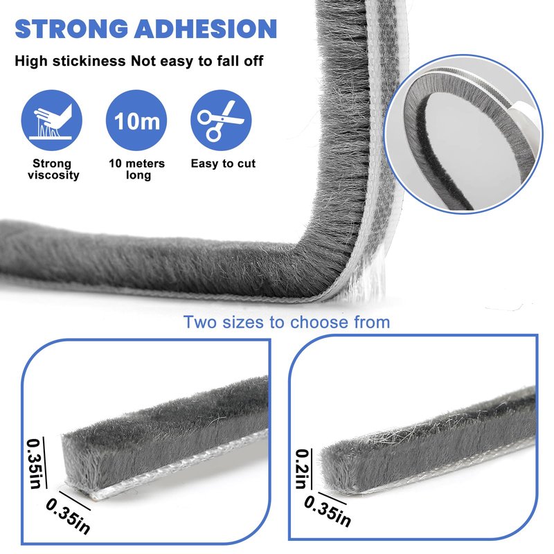 33 Ft Gray Self-Adhesive Weather Stripping - Soundproof, Draft Stopper for Doors & Windows | 0.35" W x 0.2" T
