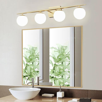 Gold Vanity Lighting Fixtures, 4-Light 34.7 Inch Modern Bathroom Light with Milky White Frosted Glass Shades, Wall Lights for Bathroom, Bedroom, Living Room(G9 Bulb not Included)
