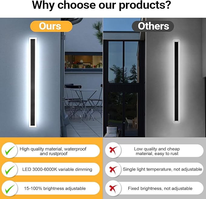 Modern Outdoor Wall Light, 71 Inch 3000K-6000K Dimmable Outdoor Wall Lights IP65 Waterproof Black Exterior Sconces Wall Lighting for House Porch Garage Patio Garden