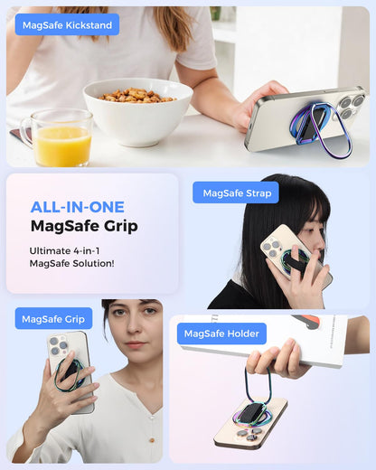 SUPERONE for MagSafe Phone Grip for MagSafe Kickstand Compatible with Mag Safe Finger Loop, 4-in-1 Phone Ring Holder Strap for Mag Safe iPhone 17/16/15/14/13/12 Series, Black [2025 Version]