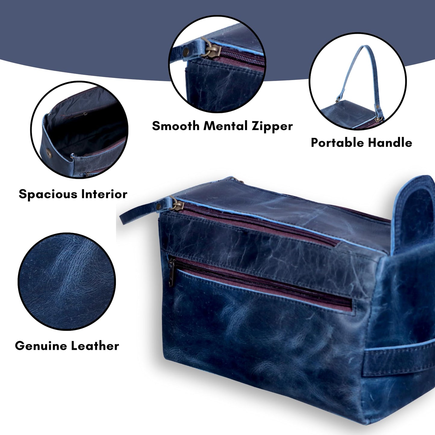 PRASTARA Leather Toiletry Bag for Men, Travel Essentials Shaving Dopp Kit Bathroom Shower Toiletries Organizer, Cosmetic Make up Bag for Women (Navy Blue)