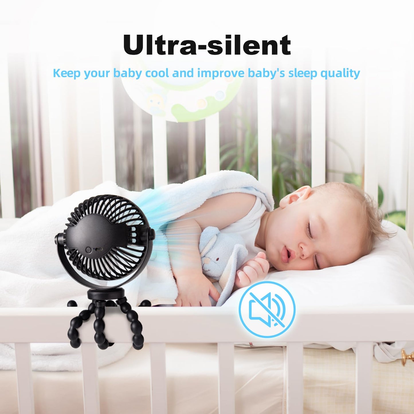 Portable Stroller Fan, Battery Operated Small Clip on, 360° Rotate Flexible Tripod, Detachable 3 Speed Rechargeable Baby Handheld USB Desk Cooling for Bedroom Car Seat Crib Treadmill Travel Camping
