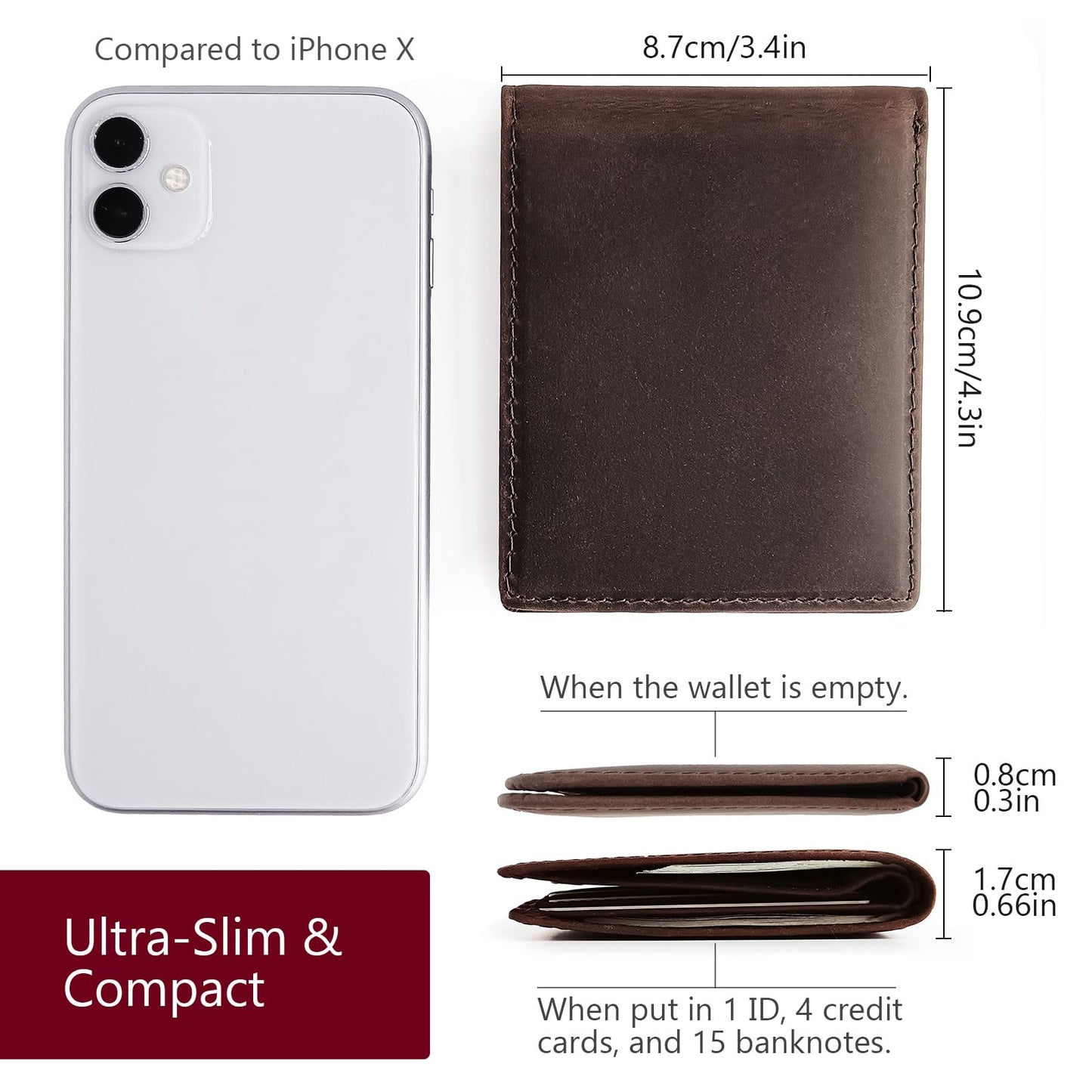 LnxLtw Bifold Travel Wallets for Mens Slim RFID Blocking | Compact Front Pocket Thin Genuine Leather Wallet | Minimalist Credit Card Holder with 4 Card Slots and ID Window Gift Box (Dark Brown)