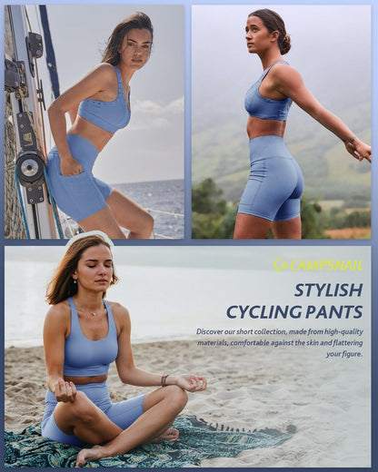 CAMPSNAIL Biker Shorts Women with Pockets - 3"/5"/8" High Waisted Workout Spandex Tummy Control Gym Running Yoga Shorts Light Blue