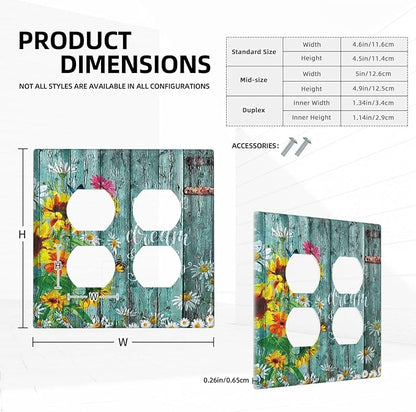 Decorative Light Switch Cover Plate Rustic Vintage Wood Planks Sunflower Butterfly 2 Gang Socket Covers Double Duplex Wallplates Switch Plates and Outlet Covers for Bathroom Home Decor