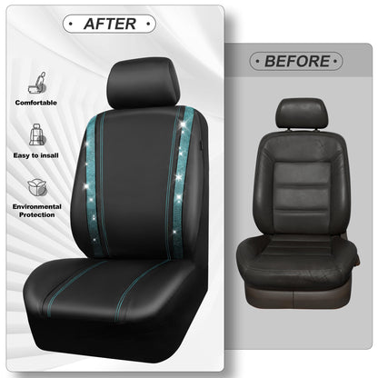 CAR PASS Bling Car Seat Covers Full Set, Shining Rhinestone Diamond Waterproof Faux Leather Universal Fit 95% Automotive Glitter Crystal Sparkle Strips for Cute Women Girl, Full Set (Mint Diamond)