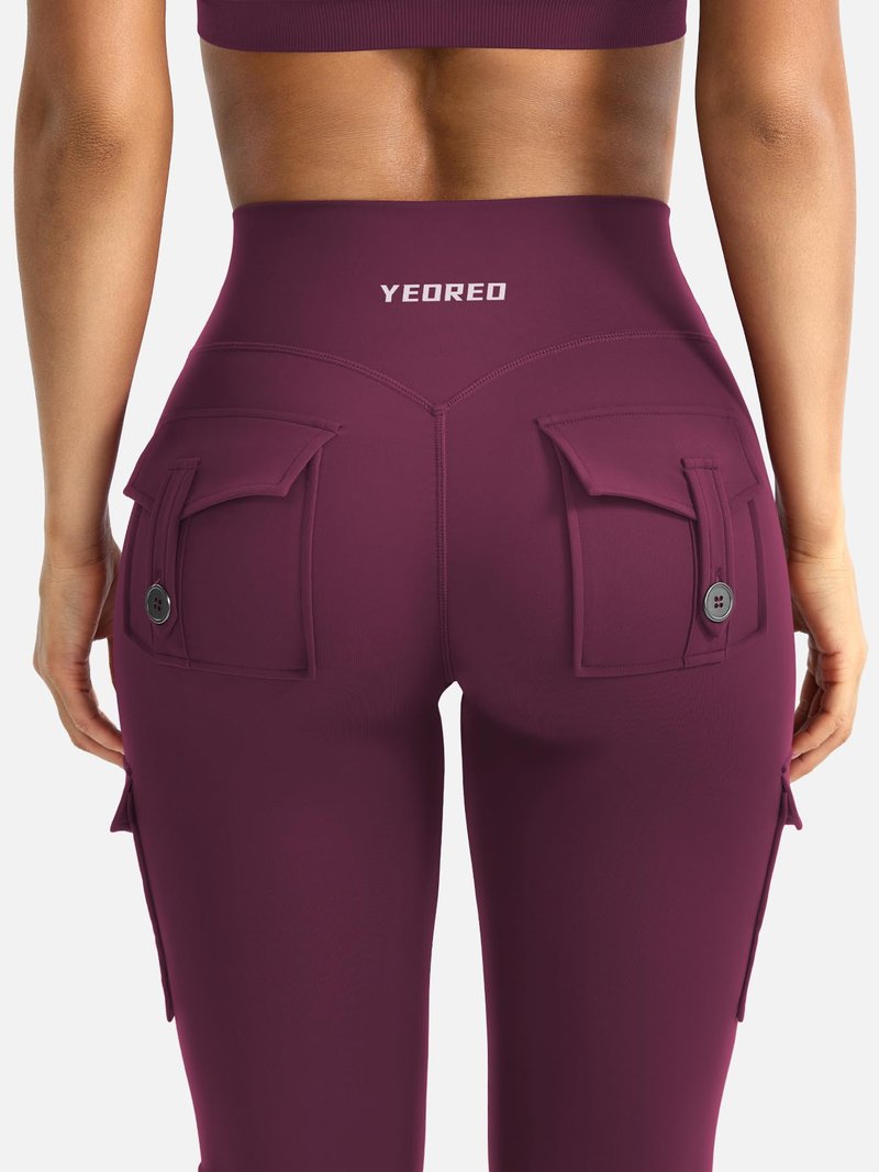 YEOREO CoreFlex Women Workout Flare Leggings with Pockets Hidden Scrunch High Waisted Cargo Gym Yoga Leggings Deep Cherry Red S
