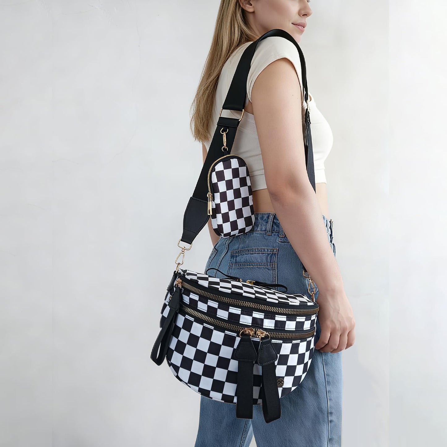Security Carry Bum Bags Checkered Crossbody Fanny Packs Diaper Bag with RFID Pouch for CCW, EDC& Outdoor (Black+white)
