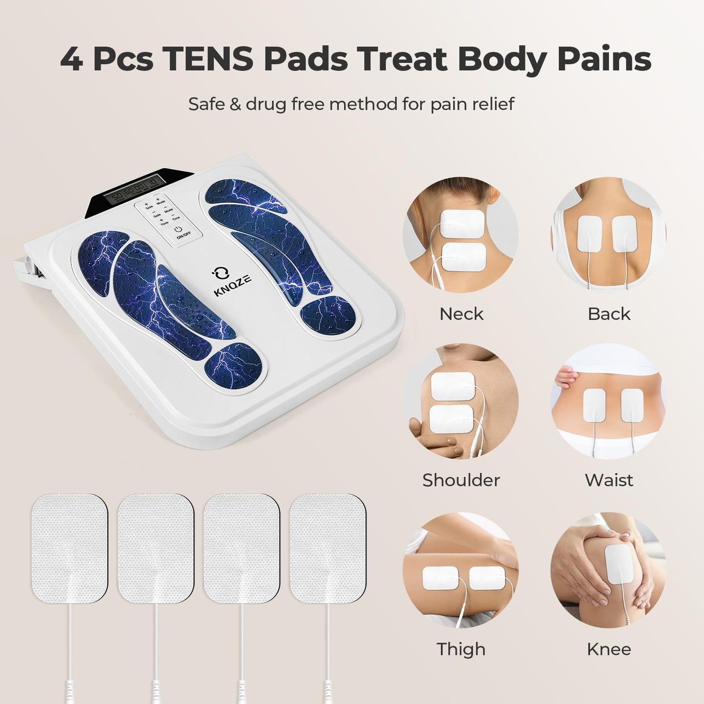 KNQZE Foot Massager for Neuropathy, Rechargeable TENS EMS Foot Nerve Circulation Stimulator with 10 Modes 50 Intensities, 4 Body Pads, Relieve Cramps, Plantar Fasciitis, Gifts for Mom Dad