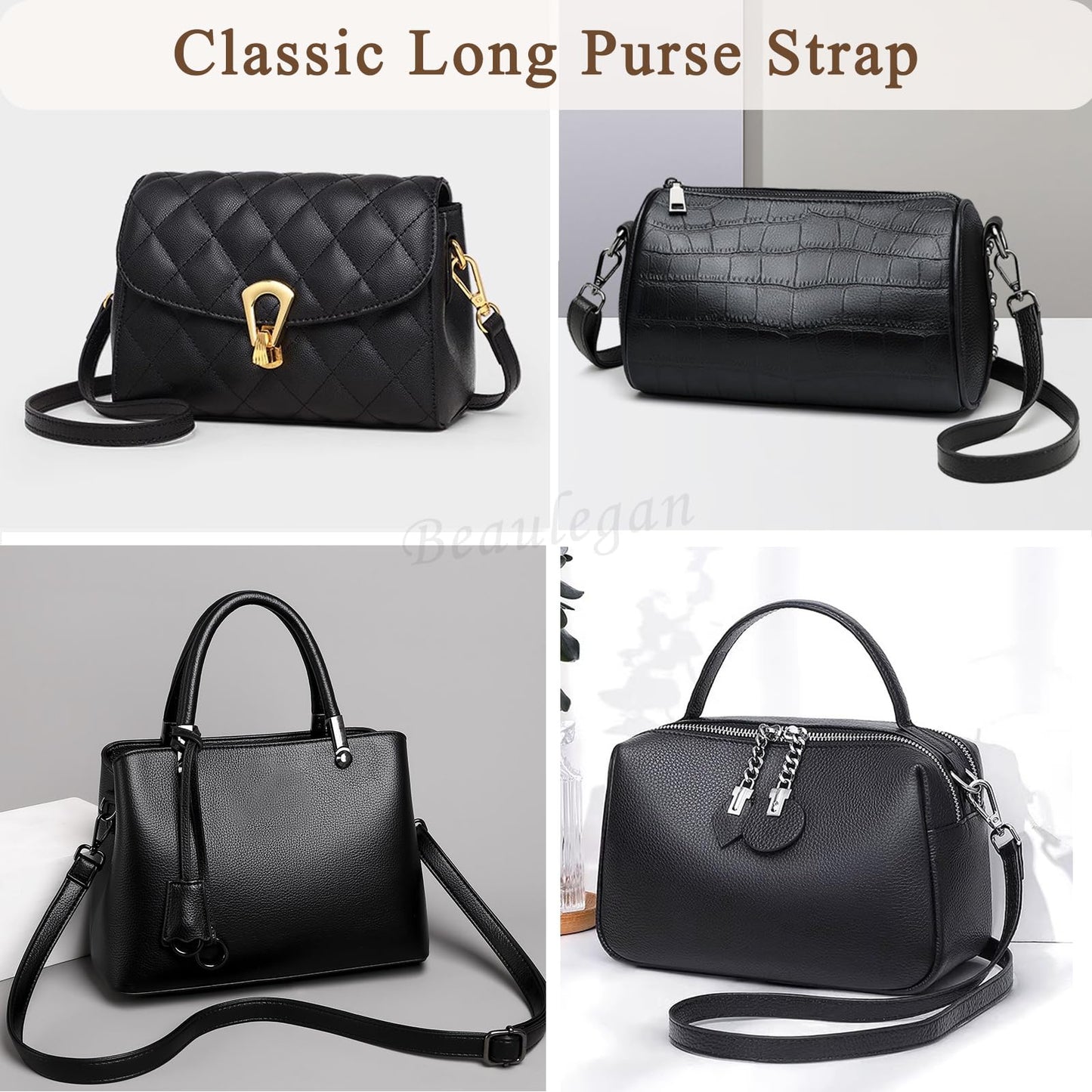BEAULEGAN Purse Strap Replacement - Full Grain Microfiber Leather - 59 Inch Long Adjustable for Crossbody Shoulder Bag - 1 Inch Wide, Black/Gold