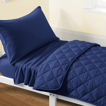 FLXXIE 4 Pieces Toddler Bedding Set, Soft and Breathable Microfiber Crib Sheet Set, Includes Quilted Comforter, Flat Top Sheet, Fitted Sheet, Envelope Pillow Case for Boys and Girls, Navy Blue