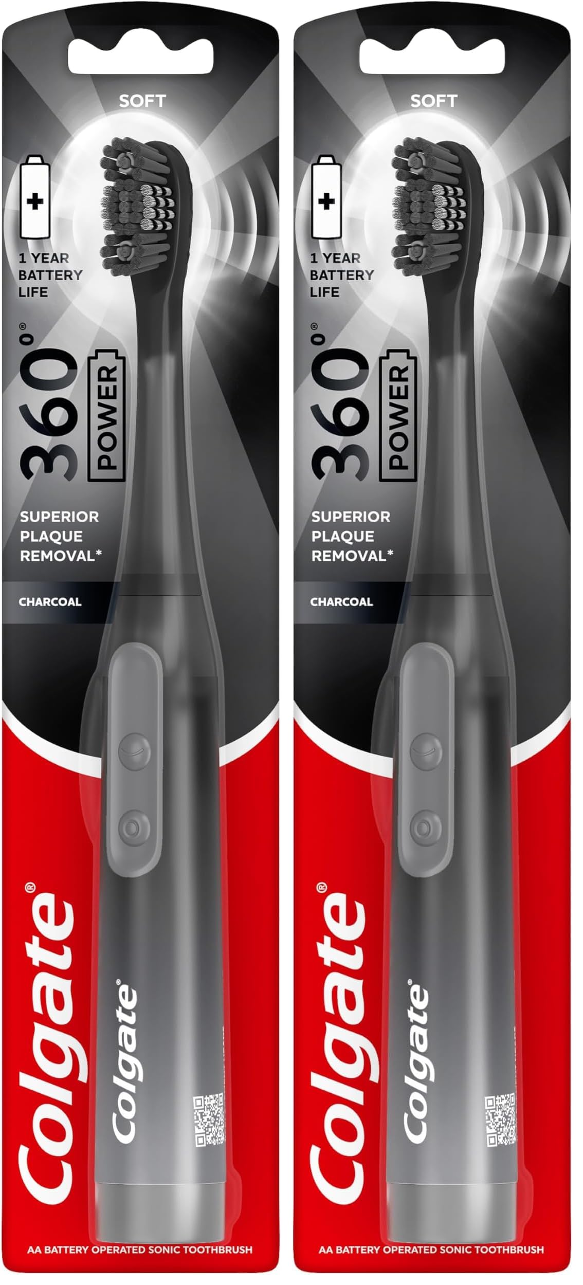 Colgate 360 Vibrate Charcoal Battery Operated Toothbrush Pack, Soft with 1 AAA Battery Included, Black, 2 Count