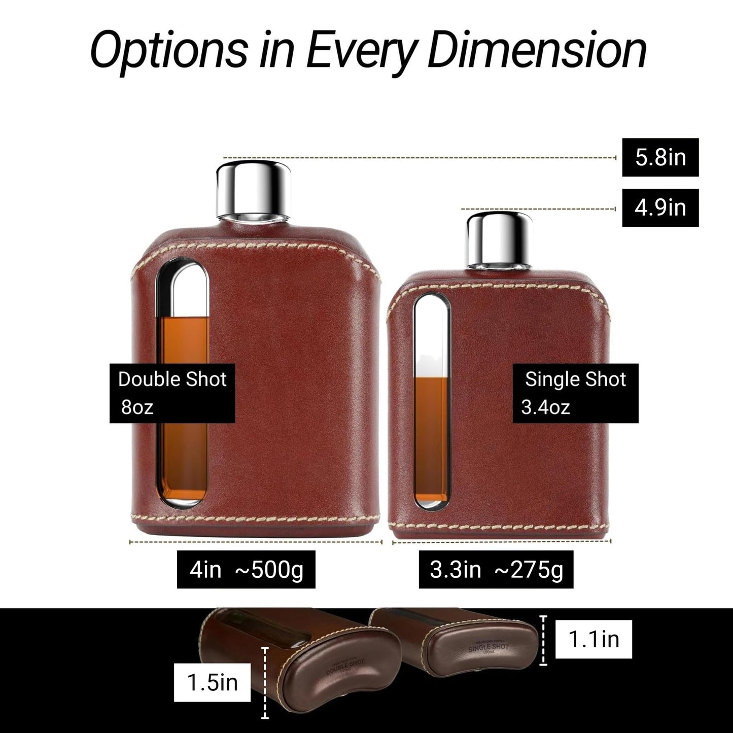 Ragproper Leather Glass Hip Flask for Men & Women – Modern Whiskey & Liquor Pocket Flask, Durable Genuine Leather Cover, Ideal Glass Flask – Single Shot 3.4oz (100ml), Dark Brown
