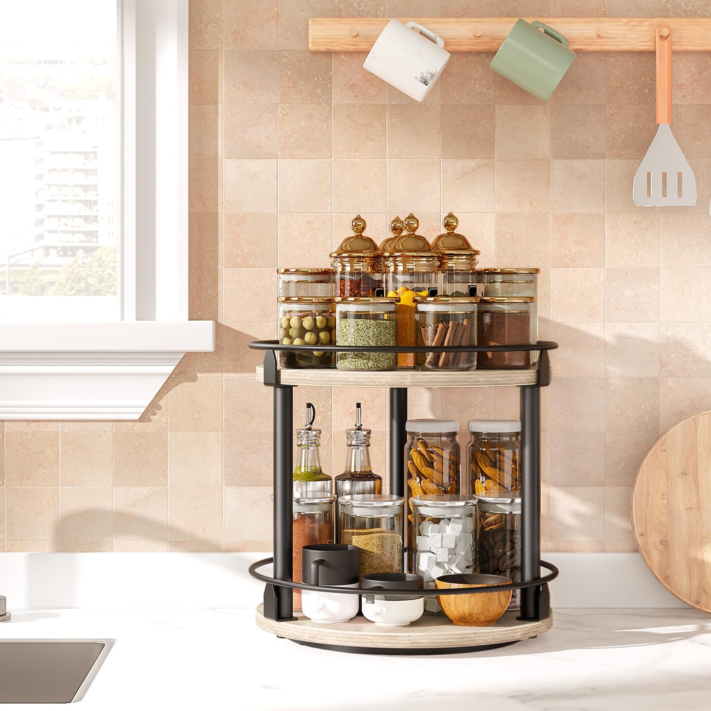 3-Tier Lazy Susan Organizer, Rotating Spice Rack, Spinning Organizer, Industrial Turntable Spice Rack Organizer for Cabinet, Kitchen Countertop, Pantry, Rustic Brown and Black SR23BR