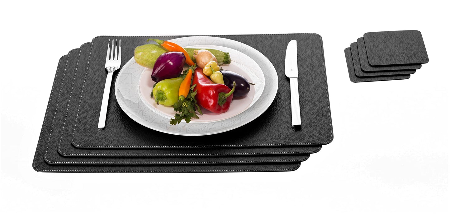 Nikalaz Set of Black Placemats and Coasters, 4 Table Mats and 4 Coasters, Recycled Leather, 18'' x 13''
