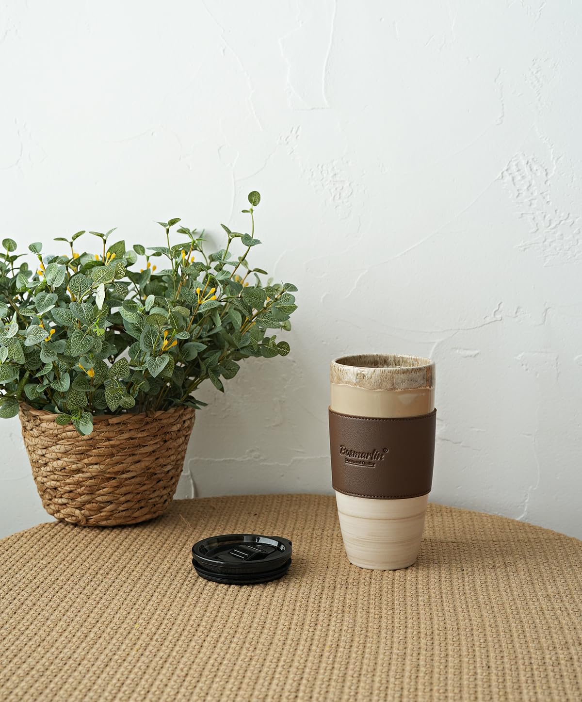 Bosmarlin Ceramic Travel Coffee Cup with Lid, 21 oz, Portable Coffee Mug for Car Cup Holder, Microwave and Dishwasher Safe, Reactive Glaze (Brown Grey)