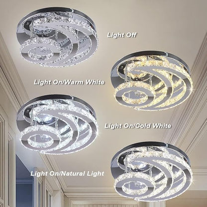 CXGLEAMING 15.7" Modern Crystal Chandelier Dimmable Ceiling Light Fixture Moon Shape LED Flush Mount Chandeliers for Bedroom Living Room Dining Room (Remote Control)