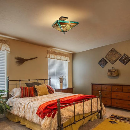 Capulina Tiffany Lamp Stained Glass Ceiling Light 2 Light 14 Inches Wide Amber Green Tiffany Style Semi Flush Mount Ceiling Lamp for Kitchen Porch Entryway Bathroom Hallway