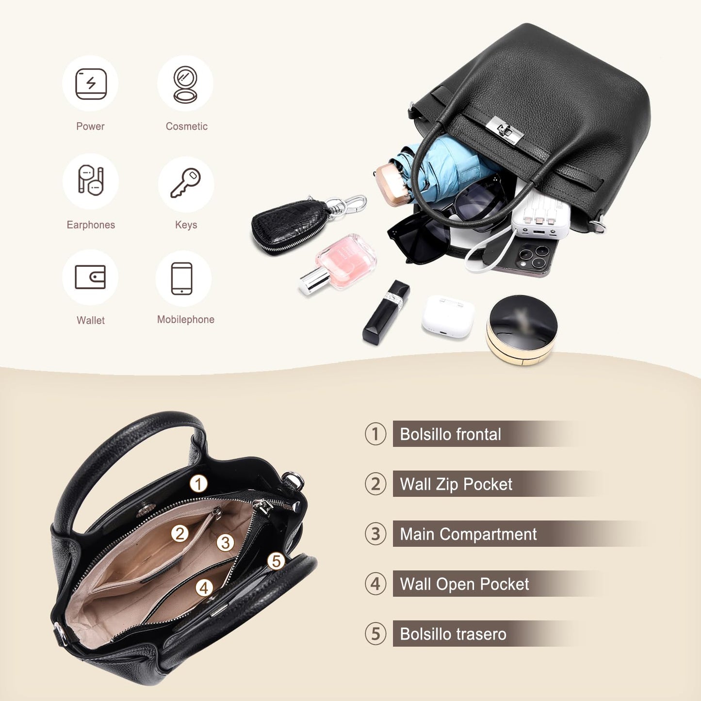 Genuine Leather Bucket Bags for Women: Small Tote Purses for Ladies Luxury Designer Crossbody Satchel Handbags(Black)