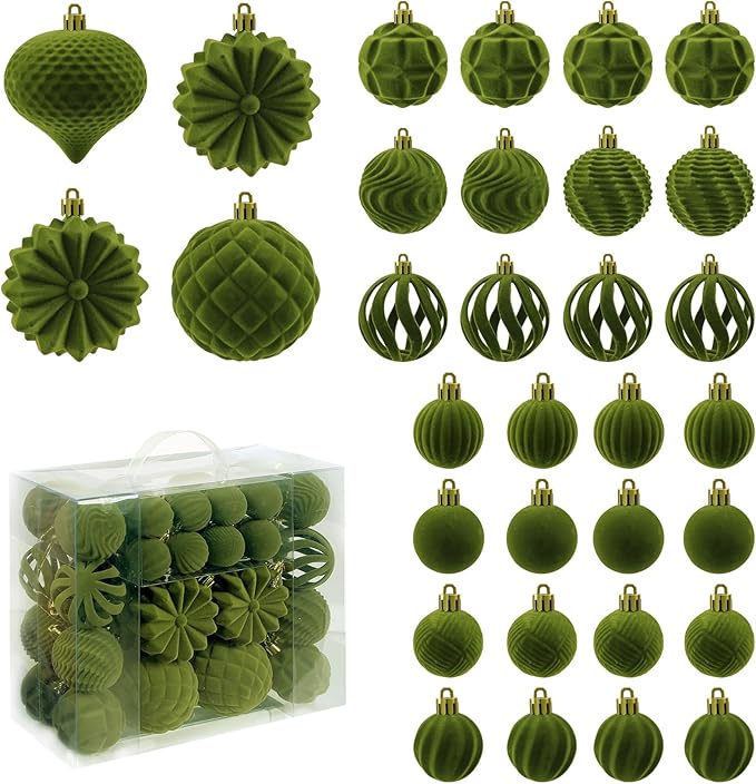 Velvet Christmas Balls 48pcs Flocked Christmas Tree Ornaments Set Shatterproof Christmas Ornaments with Hanging Rings Suitable for Xmas Tree Holiday Decor(Green)