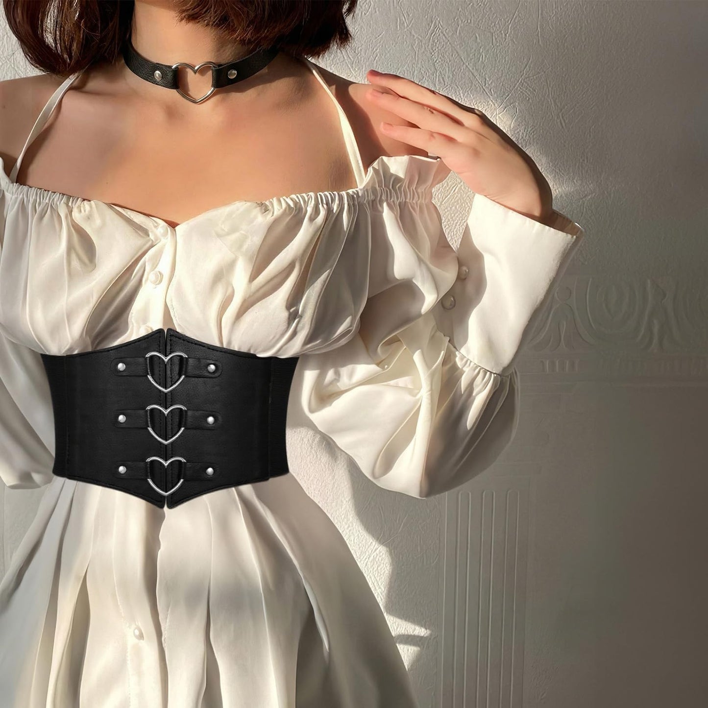 JKEEMI Women Corset Belt With Black Choker Set，Heart-Ring Wide Elastic Waist Goth Leather Corset for Daily Cosplay Halloween Costume Gifts