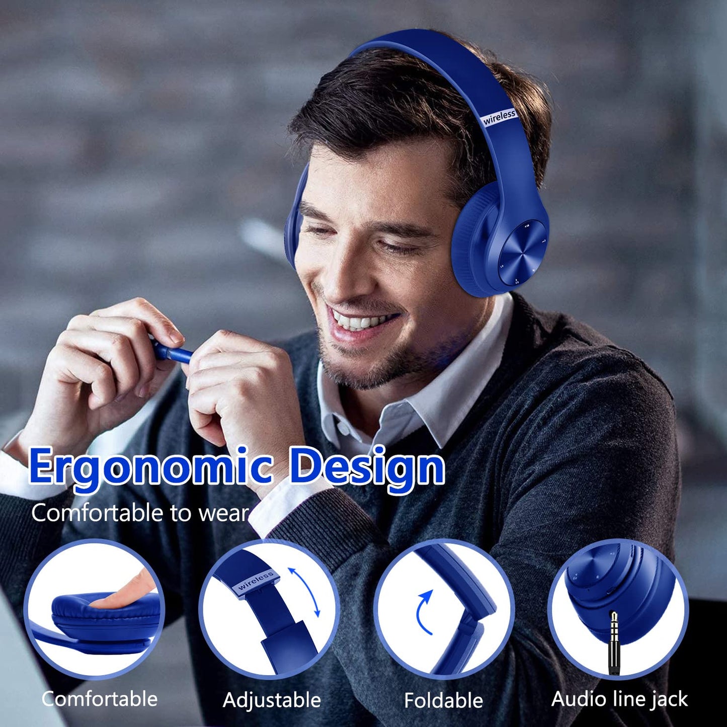Tuitager 9S Wireless Over-Ear Bluetooth Headphones, 60 Hours Playtime, Hi-Fi Stereo, 6 EQ Modes, Built-in Microphone, Foldable Design, Blue