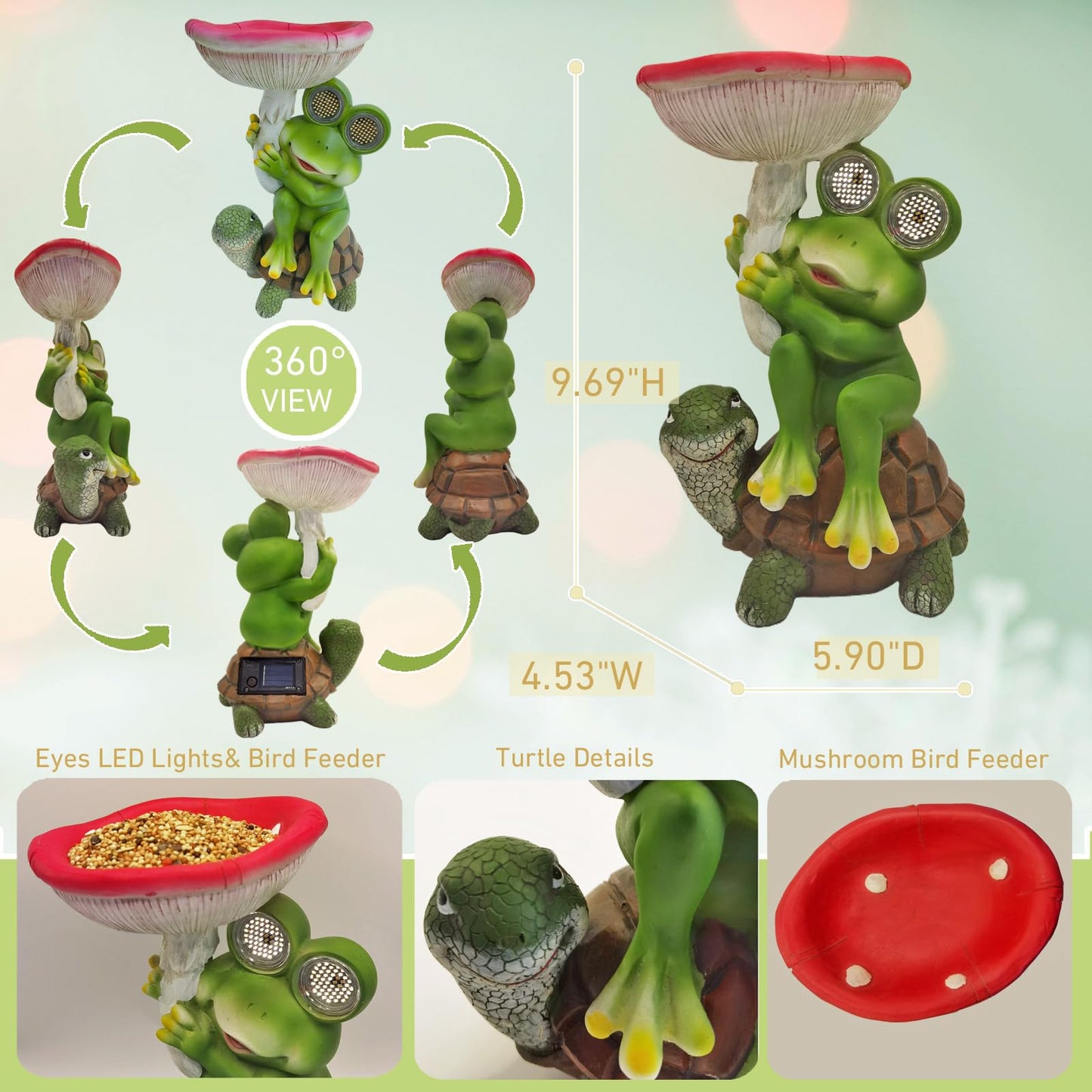 Funny Solar Garden Statues 10'' Frog Turtle with Mushroom Bird Feeder and Eyes LED Lights - Lawn Decor Outdoor Statues for Patio Balcony Yard Ornament - Unique Gardening Gifts for Women Grandma Mom.