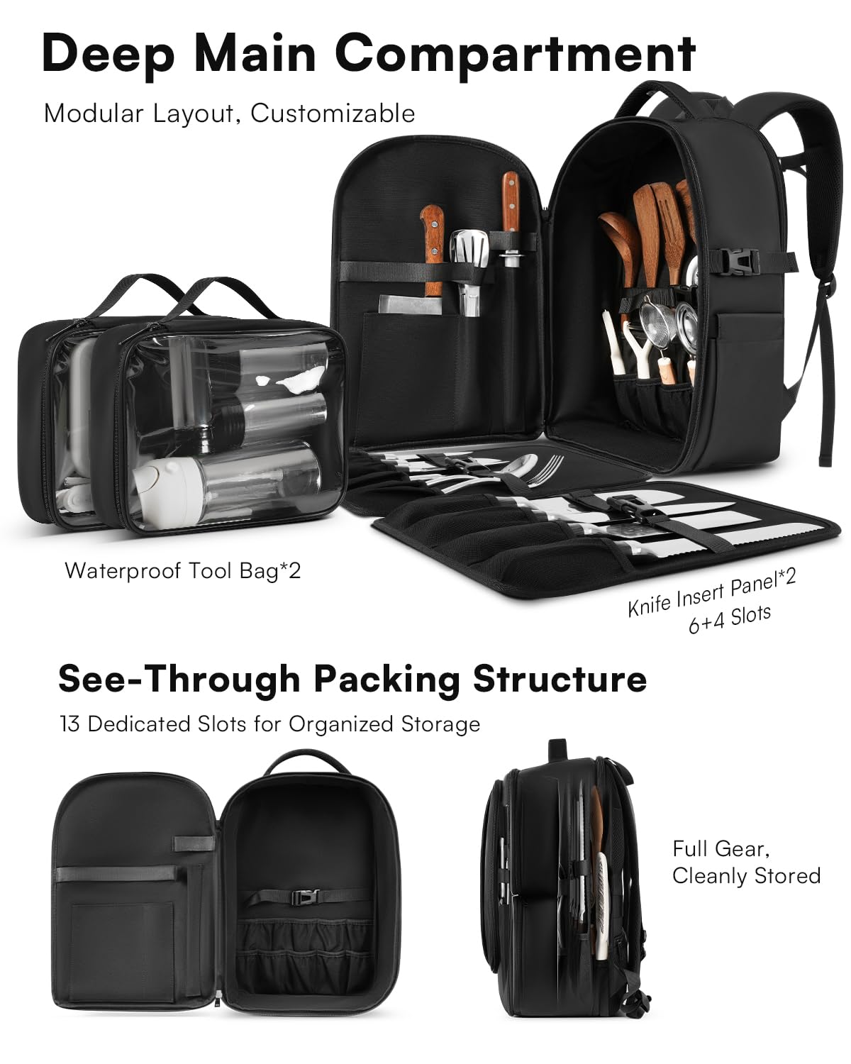 Chef Knife Backpack with Waterproof Pocket, 30+ Pockets for Knives and Tools, Knife Bags for Chefs Professional Culinary Apprentice Private Chefs, Pocket for Tablet Laptop (Knife Not Included)