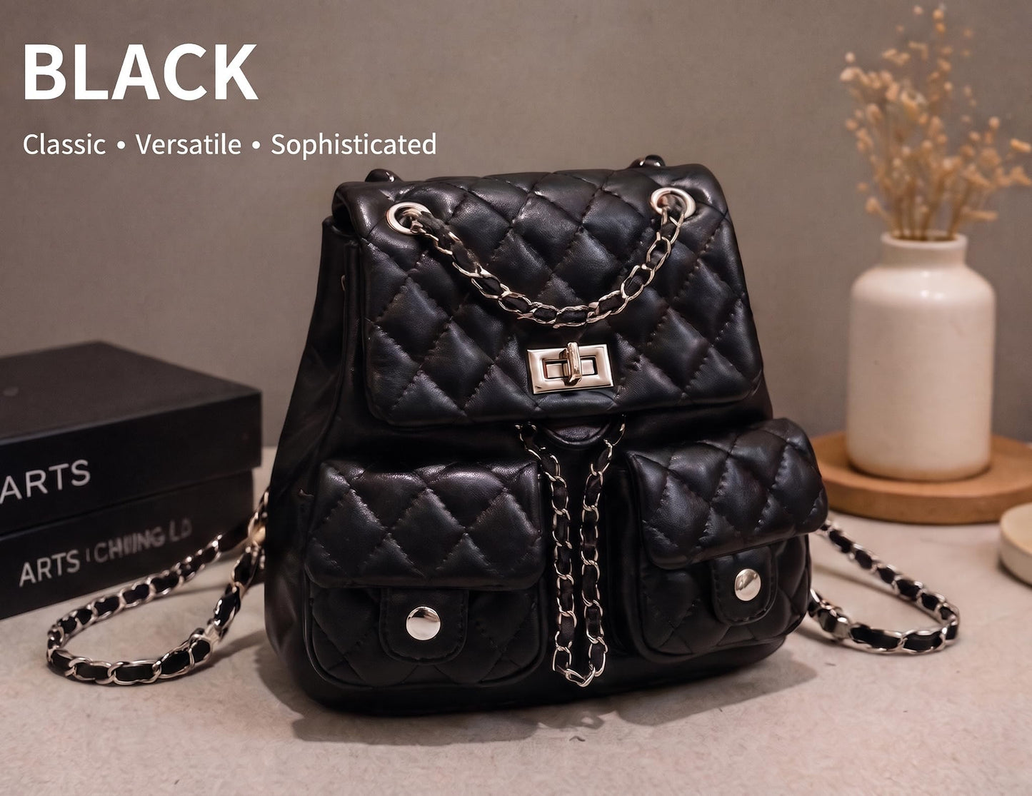 COC.EFRENAR Quilted Mini Backpack for Women, Chain Strap Small Purse with Flap Closure, Fashion Shoulder Bag Cute Travel Daypack(Black)