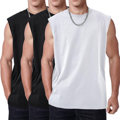 SnowElve 3 Pack Mens Workout Tank Tops Sleeveless Tee Shirts Men Muscle Shirt Gym Cotton T Shirts Running Beach Loose Fit Tee（XZG,BKBKWT,S