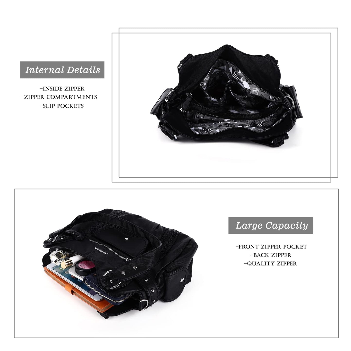 Angel Barcelo Large Purses for Women Soft PU Leather Hobo Bag for Women Shoulder Bag Black