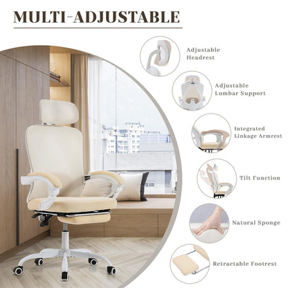 Ergonomic Office Chair with Retractable Footrest, 400LBS Capacity,Synchronized Armrest, Breathable Mesh, Adjustable Lumbar Support