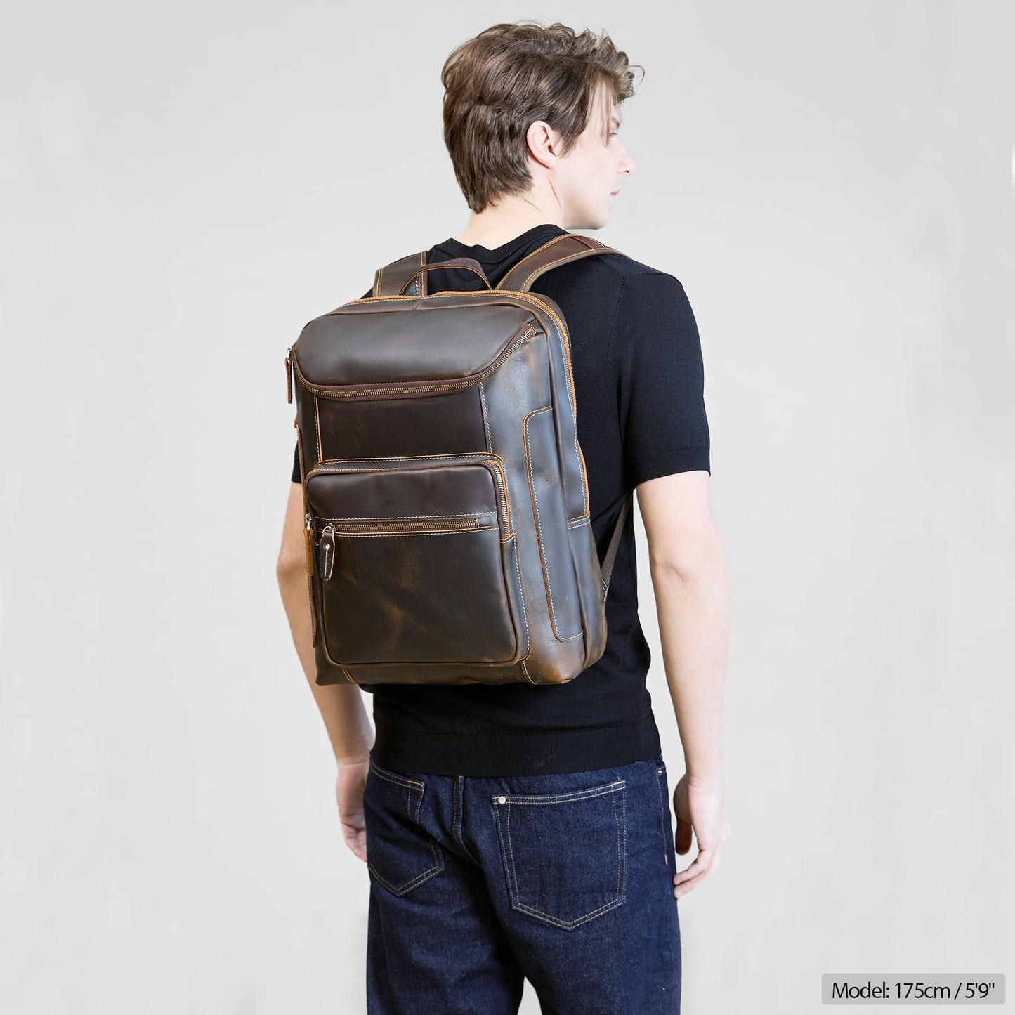 LANNSYNE Full Grain Leather Backpack For Men, 17" Laptop Backpack, Casual Outdoor Business Travel Rucksack, YKK Zippers