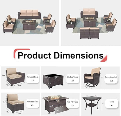 Kurapika 10 Pieces Patio Furniture Set, Rattan Wicker Outdoor Conversation Sets w/43in Propane Fire Pit Table, Swivel Rocking Chairs Patio Sectional Sofa w/4 Inch Cushion, Sand