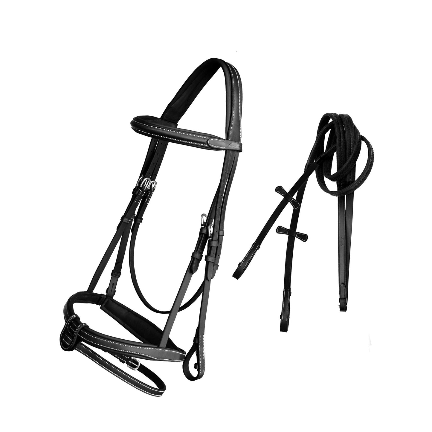 Exion Comfort Soft Lined Snaffle Hunter Jumping Bridle with Detachable Flash & Rubber Reins | Anatomical English Bridle for Horses (Black, Full)