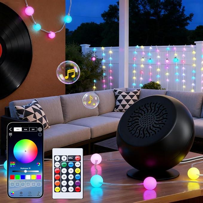 uuffoo Outdoor String Lights with Portable Speaker, 33ft LED Outdoor Color Changing Fairy Lights with IP44 Water-Resistant Dual Pairing Mini Speaker for Patio, Outside, Party, Decorations