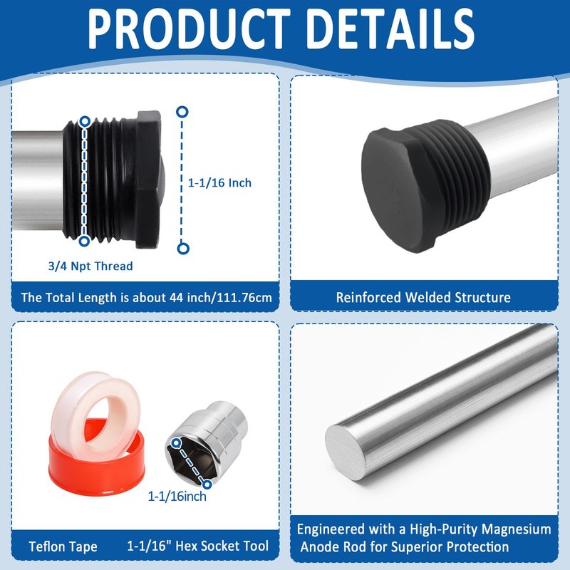 44'' Flexible Magnesium Anode Rod for Hot Water Heater Compatible with Rheem Reliance Richmond GE KenmoreTanks 3/4" NPT Thread 0.8'' Diameter, Including Teflon Tape and 1-1/16" Socket Tool