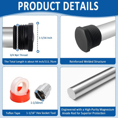44'' Flexible Magnesium Anode Rod for Hot Water Heater Compatible with Rheem Reliance Richmond GE KenmoreTanks 3/4" NPT Thread 0.8'' Diameter, Including Teflon Tape and 1-1/16" Socket Tool